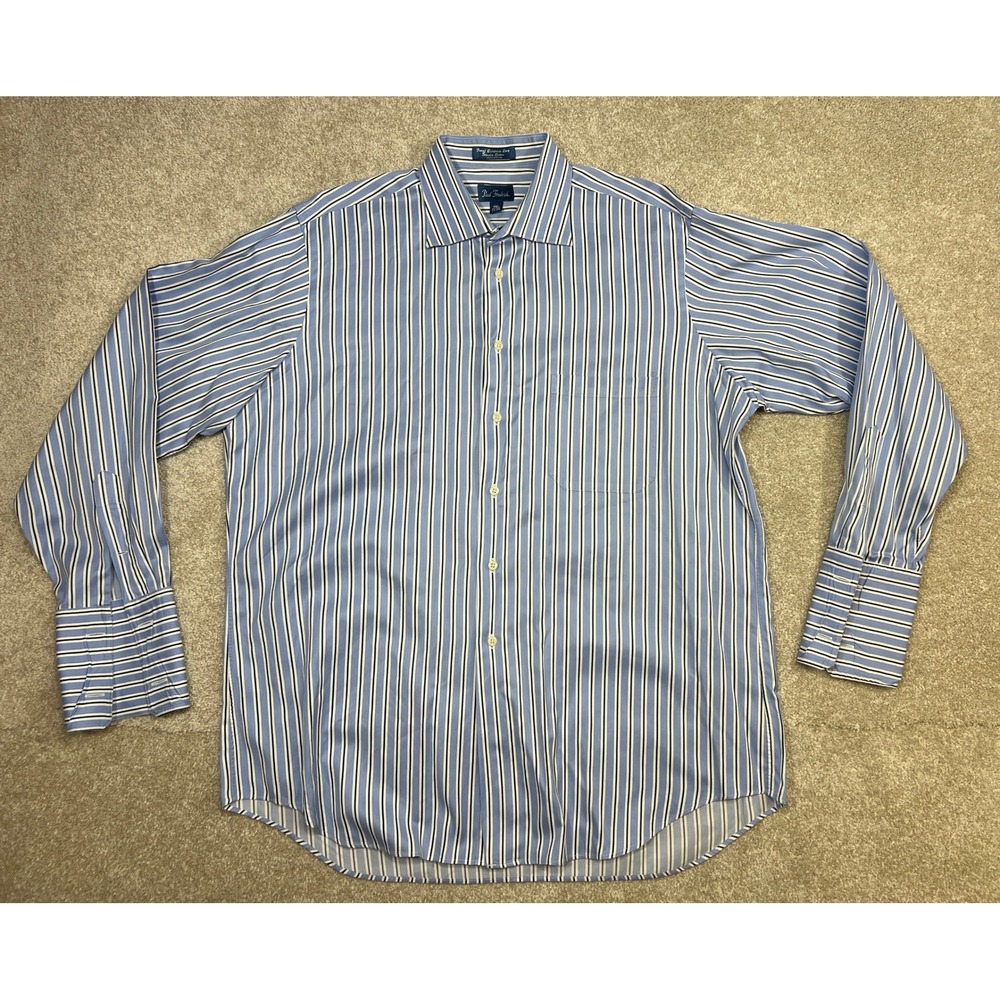 Paul Fredrick Mens Blue White Stripe Dress Shirt 17 36 Cotton French Cuff EUC